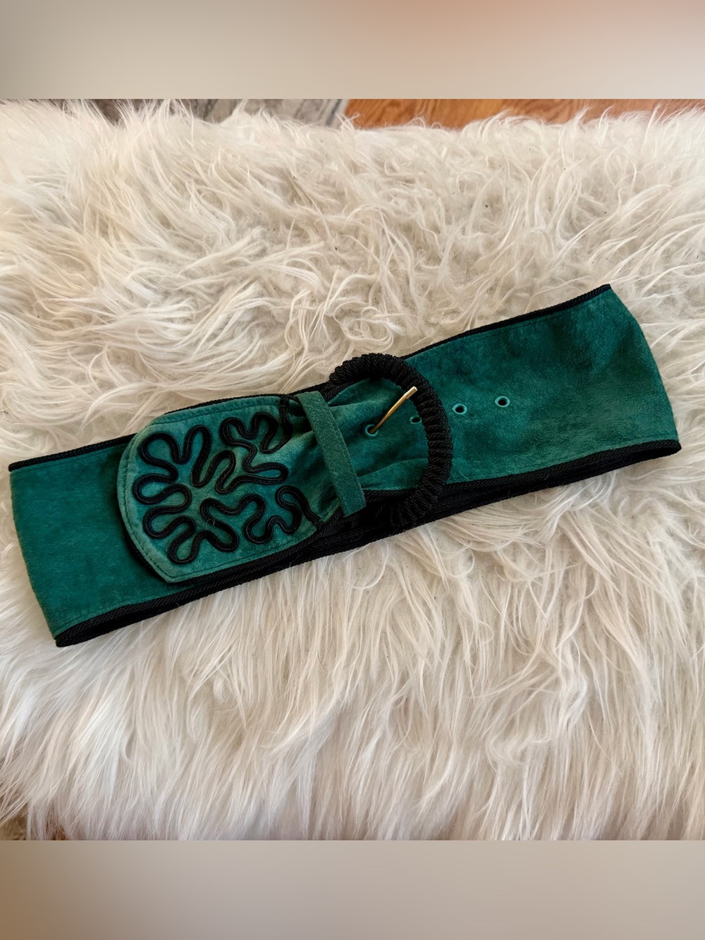 Vintage Wide Suede Green Statement Belt with Decorative Buckle